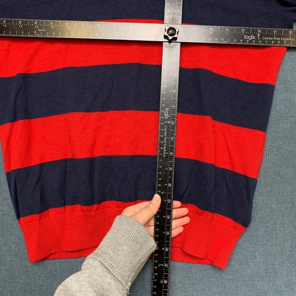 Tommy Hilfiger Sweater Mens Small Navy Blue Red Striped Cotton Tight Knit Winter